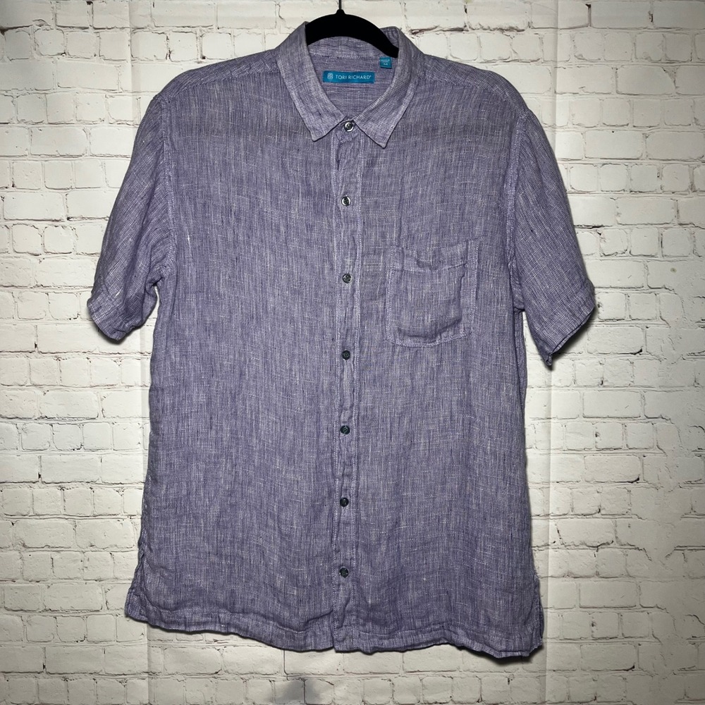 Tori‎ Richard Mens Blue Purple Linen Short Sleeve Button Up Shirt Size Medium